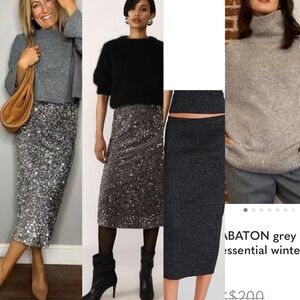 Club Monaco Black charcoal metallic ribbed knit skirt with front slit size small